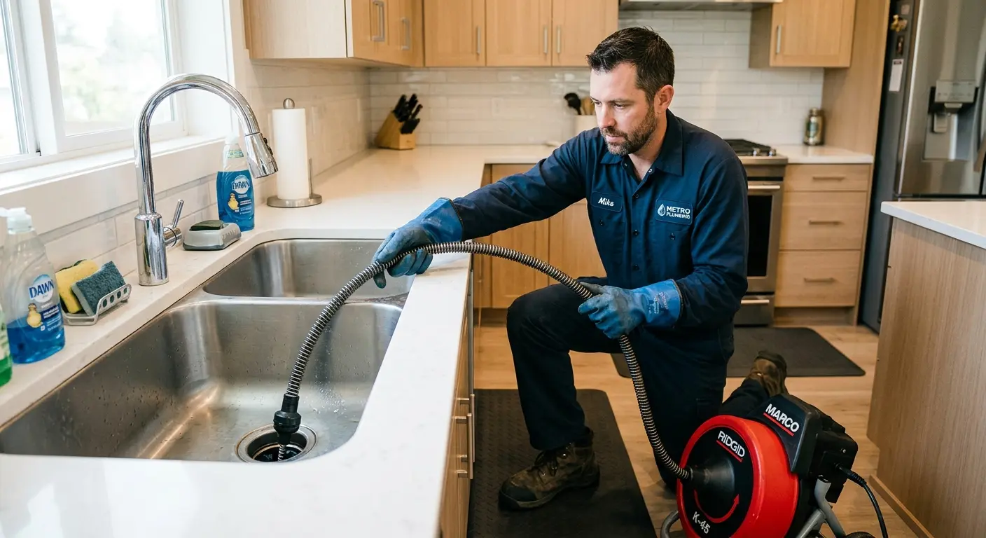 Drain cleaning technician using a motorized snake on a kitchen sink in Milan