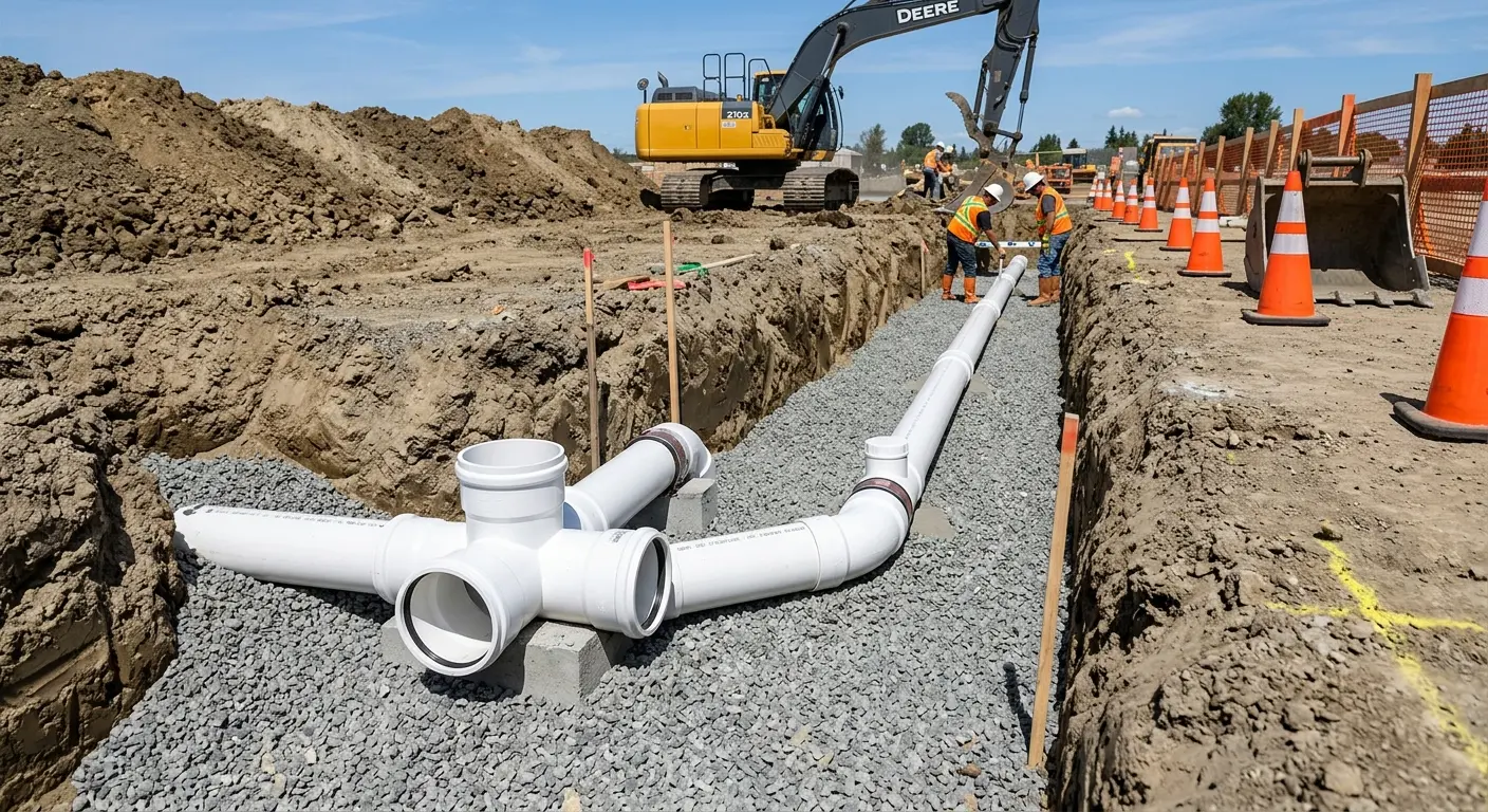 New PVC sewer pipe installation in open trench for Grease Trap Cleaning in Milan